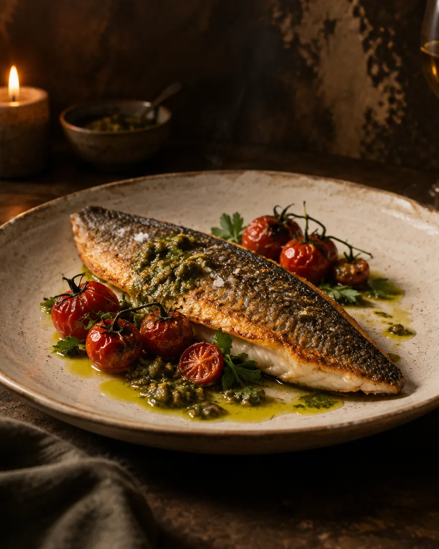 Roasted sea bass with salsa verde and blistered tomatoes