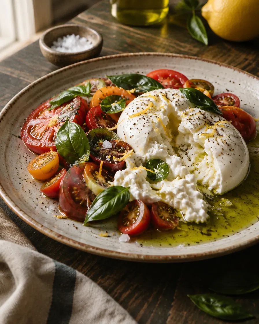 Burrata with heritage tomatoes, basil and olive oil