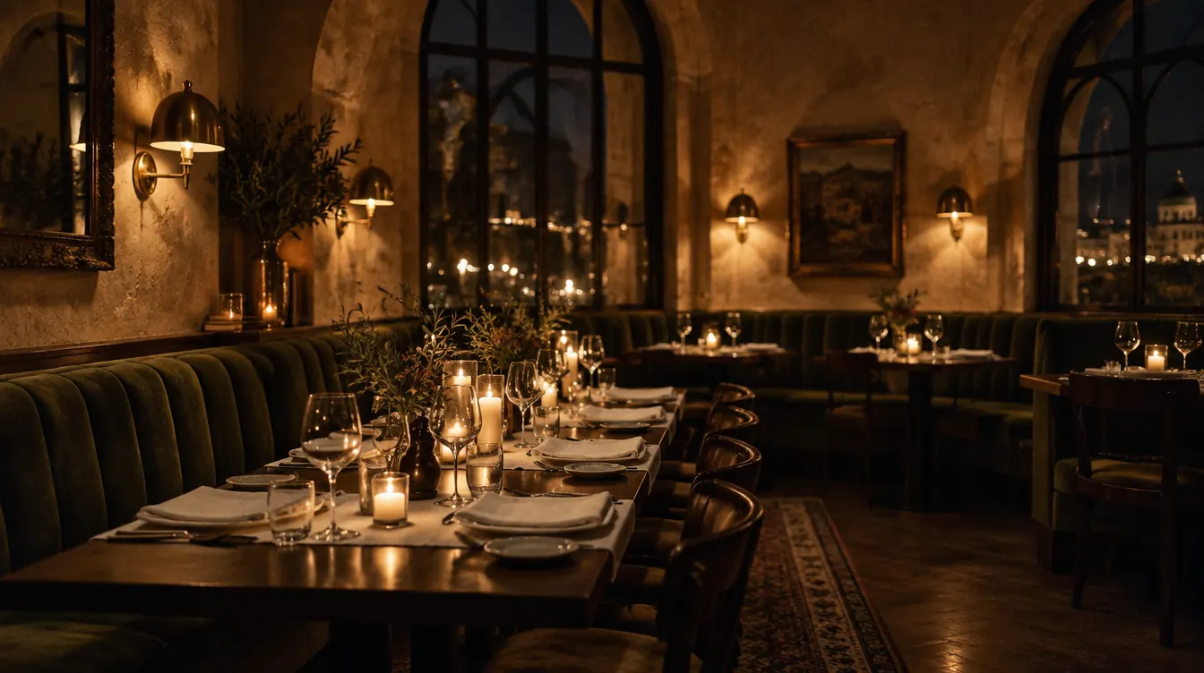 The dining room at night, candlelit, with olive velvet seating and arched windows