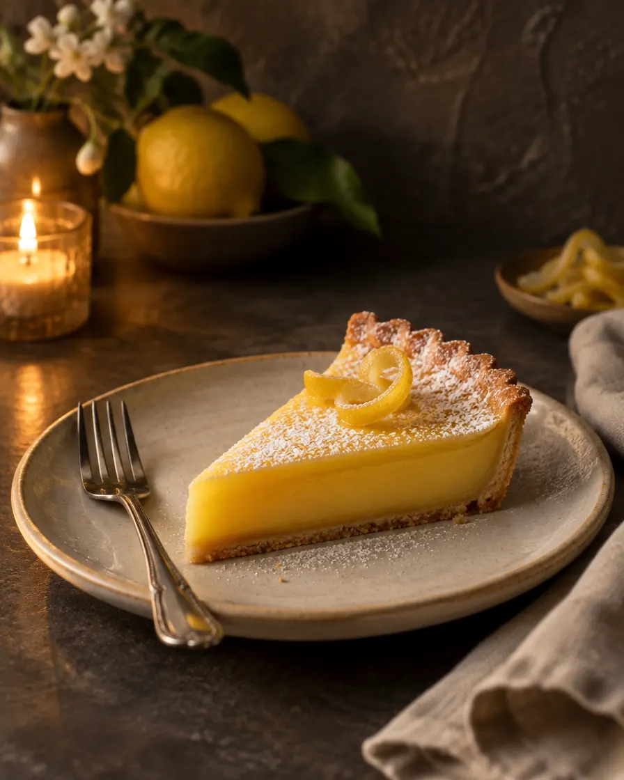 A slice of Amalfi lemon tart with candied peel