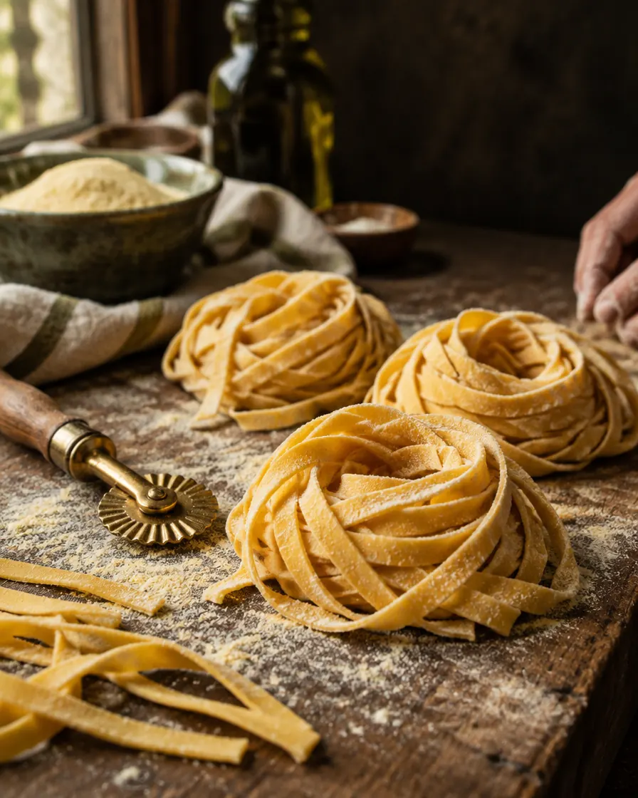 Nests of fresh tagliatelle dusted with semolina on a wooden board