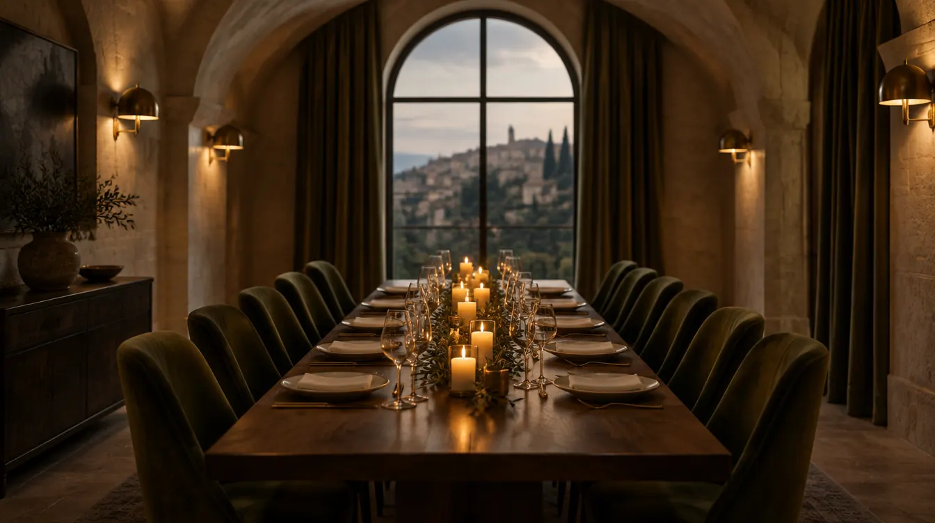 A private dining room with one long walnut table and candles