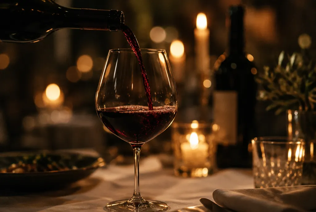 Wine being poured at a candlelit table